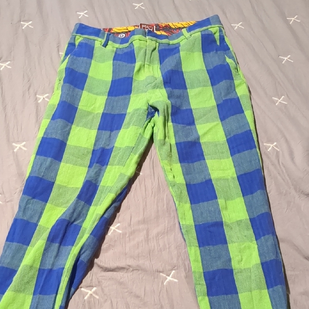 Stella Jean Vibrant Blue and Green Checkered Chinos